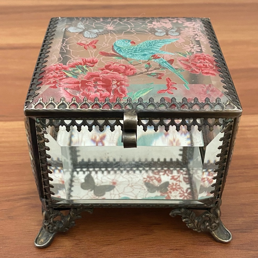 NICOLE MILLER Bird Flowers & Butterflies Ormolu Beveled Glass Jewelry Box